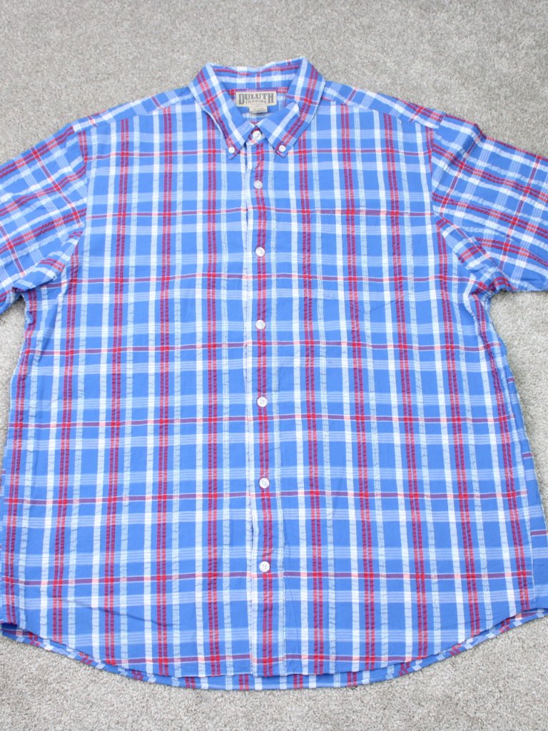 Duluth Trading Shirt Mens Xl BlueRed Ripple Rouser Seersucker Short Sleeve